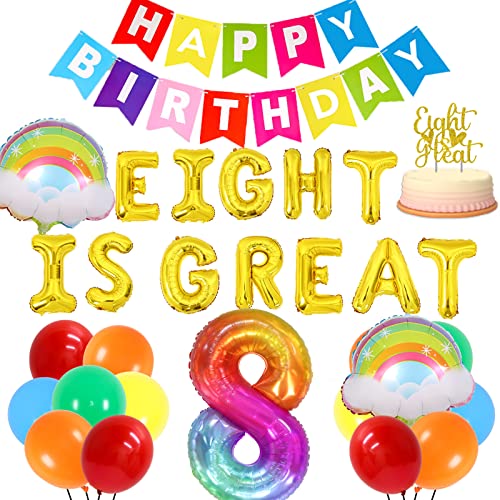 Eight Is Great Birthday Decorations, Rainbow It's Great to be Eight Party Decor with Happy Birthday Banner Balloons, 8th Bday Cake Topper, Taufe Party Supplies for Boys and Girls 8 Years Old von JOYMEMO