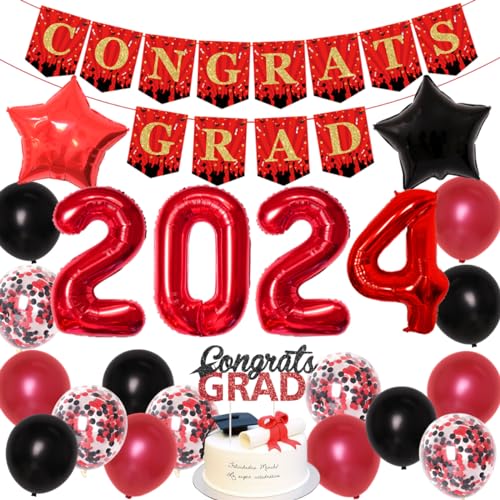 Graduation Party Dekorationen 2024 - Congrats Grad Banner & Cake Topper, 2024 Helium Ballons, Rot Schwarz Konfetti Ballons für Abschlussfeier, Abschlussball Nacht Party Supplies von JOYMEMO