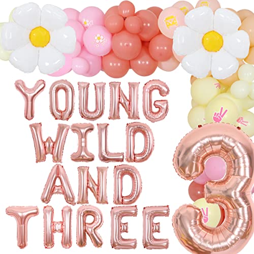 JOYMEMO Groovy Party-Dekorationen zum 3. Geburtstag, junge Wild- und drei Gänseblümchen-Blumen-Luftballons, Girlande-Kit, Retro-Boho-Mädchen, von JOYMEMO