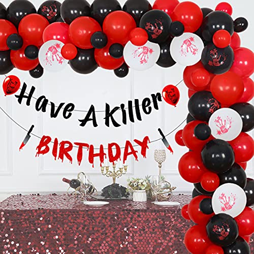 Halloween Horror Geburtstag Ballon Girlande Kit - Have A Killer Birthday Banner, Schwarz und Rot Ballons mit blutigem Handdruck für gruselige Themenpartys Halloween Horror Geburtstag Ballon Girlande Kit - Have A Killer Birthday Banner, Schwarz und Rot Ballons mit blutigem Handdruck für gruselige Themenpartys von JOYMEMO