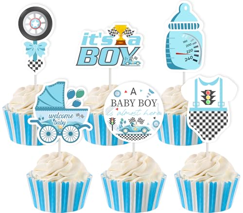JOYMEMO 24 Stück Vintage Blue Race Car Baby Shower Cupcake Toppers - A Baby Boy is Almost Here Dekorationen, doppelseitiges Papier Let's Go Racing Car Tortendekor für Schwangerschaft Feier Neugeborene JOYMEMO 24 Stück Vintage Blue Race Car Baby Shower Cupcake Toppers - A Baby Boy is Almost Here Dekorationen, doppelseitiges Papier Let's Go Racing Car Tortendekor für Schwangerschaft Feier Neugeborene von JOYMEMO