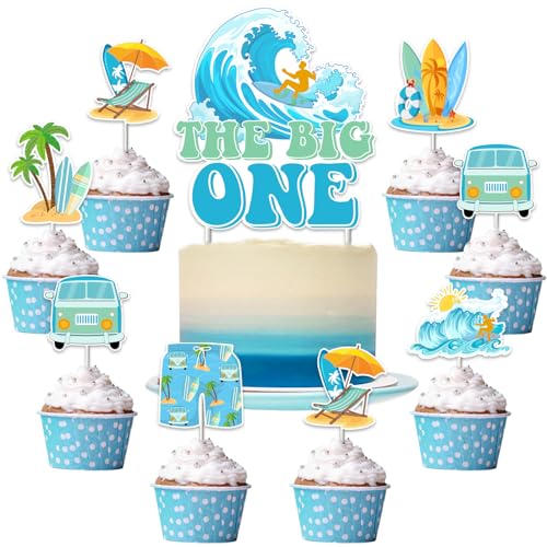 JOYMEMO 25 Stück Surf 1st Cake Dekorationen für Junge Mädchen - Blau und Grün The Big One Surf Birthday Cake Topper mit Surf themed Cupcake Toppers von JOYMEMO