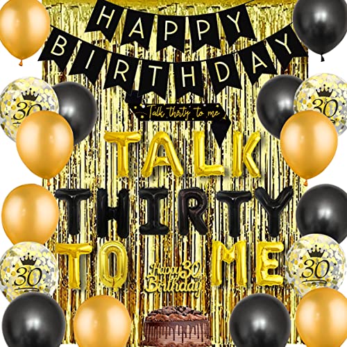 JOYMEMO 30. Geburtstag Dekorationen - Talk Thirty to Me Schwarzgold Schärpe Luftballons Cake Topper Alles Gute zum Geburtstag Banner, Goldfolie Fransen Vorhänge, Partyzubehör für Sie Ihn von JOYMEMO