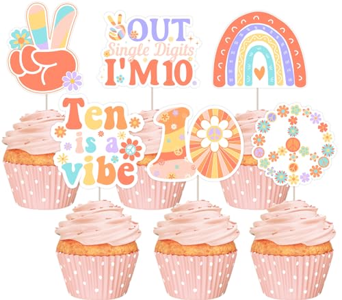JOYMEMO 36 Stück Boho Groovy 10. Geburtstag Cupcake Toppers - Retro Hippie Frieden aus einzelnen Ziffern Ich bin 10 Mädchen Party Supplies von JOYMEMO