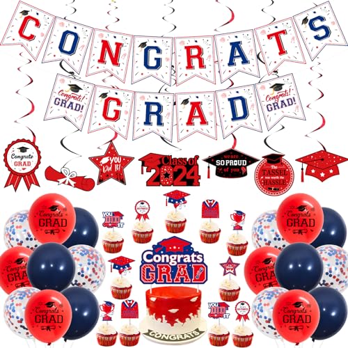 JOYMEMO Abschlussfeier Dekorationen 2024 Rot und Blau - Congrats Grad Banner Cake Topper mit Cupcake Toppers, Klasse von 2024 Hängende Wirbel, Abschlussfeier Party Supplies von JOYMEMO