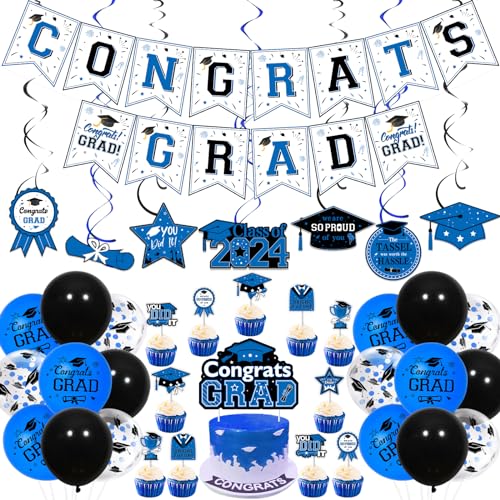 JOYMEMO Blaue und schwarze Abschlussfeier Dekorationen 2024 - Congrats Grad Banner Cake Topper mit Cupcake Toppers, Klasse von 2024 hängende Wirbel, Abschlussfeier Party Supplies von JOYMEMO