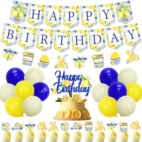 JOYMEMO Blaue und zitronenblaue Fliesen-Geburtstagsdekorationen, zitronenblaue Geburtstags-Partyzubehör mit Happy Birthday-Banner, Capri Lemon Happy Birthday, Limonadengirlande für JOYMEMO Blaue und zitronenblaue Fliesen-Geburtstagsdekorationen, zitronenblaue Geburtstags-Partyzubehör mit Happy Birthday-Banner, Capri Lemon Happy Birthday, Limonadengirlande für von JOYMEMO