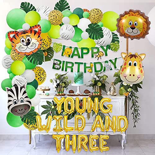 JOYMEMO Dschungel Geburtstag Dekoration- Kindergeburtstag, Safari 3. Geburtstag Ballons Girlande Bogen Kit Waldtiere Junge Wilde und DREI Ballons,Partyzubehör für den 3. Geburtstag Jungen von JOYMEMO