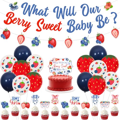 JOYMEMO Erdbeere und Blaubeere Geschlecht offenbaren Dekorationen - What Will Our Berry Sweet Baby Be Banner, Girlande, Cake Topper, Cupcake Topper, Ballons für Obst Baby Shower Berry He or She Party JOYMEMO Erdbeere und Blaubeere Geschlecht offenbaren Dekorationen - What Will Our Berry Sweet Baby Be Banner, Girlande, Cake Topper, Cupcake Topper, Ballons für Obst Baby Shower Berry He or She Party von JOYMEMO
