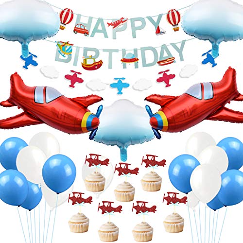 JOYMEMO Flugzeug Geburtstag Dekorationen Vintage Flugzeug Cloud Folienballons Geburtstag Banner Cake Topper für Flugzeug Party Supplies von JOYMEMO