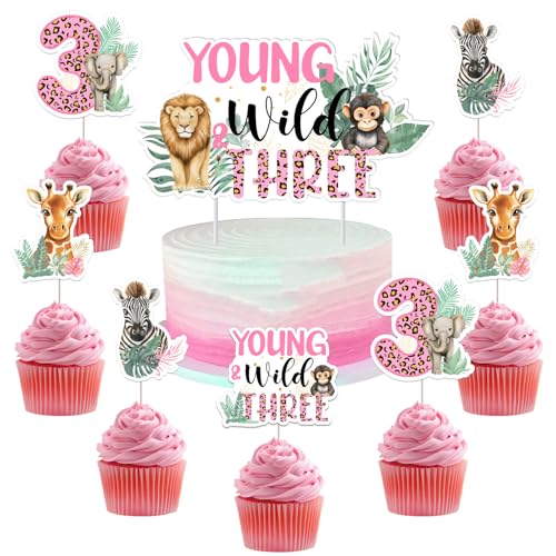 JOYMEMO Kuchendekoration für junge und drei Geburtstage, doppelseitig, für 3. Geburtstag, Cupcake-Topper für Mädchen, rosa Dschungel-Safari-Tier-Themenparty-Zubehör, 25 Stück von JOYMEMO