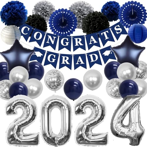 JOYMEMO Marineblaue und silberne Abschlussdekorationen 2024, Congrats Grad Banner Seidenbommeln, Papierlaternen, Zahl 2024, Folienballons für Klasse 2024, Partyzubehör von JOYMEMO
