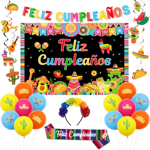 JOYMEMO Mexikanische Themen-Geburtstagsparty-Dekorationen für Frauen und Männer, Feliz Cumpleaños Hintergrund, Banner, hängende Wirbel, Stirnband, Schärpe, Luftballons für spanische mexikanische JOYMEMO Mexikanische Themen-Geburtstagsparty-Dekorationen für Frauen und Männer, Feliz Cumpleaños Hintergrund, Banner, hängende Wirbel, Stirnband, Schärpe, Luftballons für spanische mexikanische von JOYMEMO