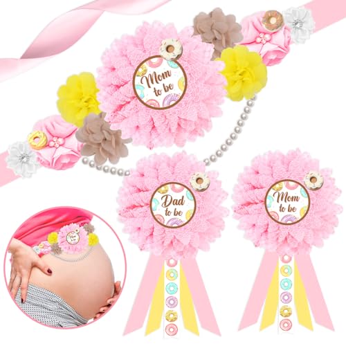 JOYMEMO Pastell Donut Baby Shower Maternity Sash Kit - Flower Baby Shower Belly Belt and Mom To Be & Dad To Be Corsage Pins, Sprinkled with Love Decor, Pregnancy Sash Parents Baby Girl Party Supplies von JOYMEMO