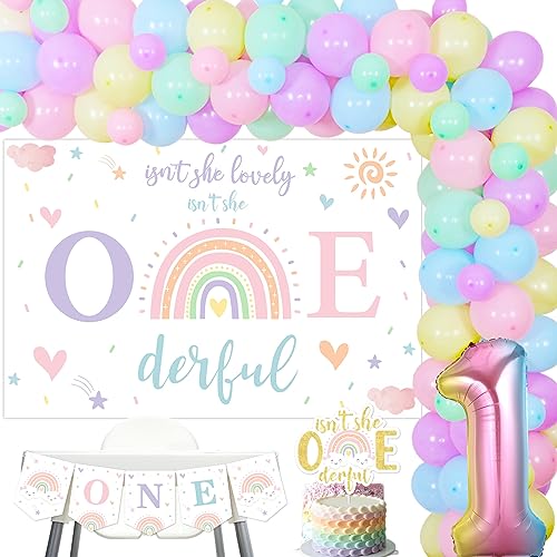 JOYMEMO Product Name Pastell Regenbogen 1. Geburtstag Dekorationen Mädchen – Isn't She Lovely Isn't She Onederful Hintergrund Kuchen Topper mit Regenbogen Ballon Girlande Bogen Kit von JOYMEMO