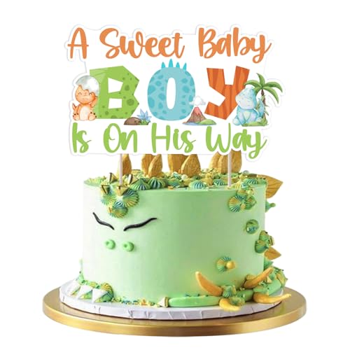 JOYMEMO Tortenaufsatz mit Aufschrift "A Sweet Baby Boy Is On His Way" – schlüpfender Dinosaurier-Babyparty-Dekorationen, doppelseitiges Papier, Rawr It's A Boy, Kuchendekoration für von JOYMEMO