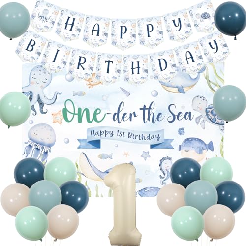 JOYMEMO Under the Sea 1st Birthday Party Decorations for Boys Ocean Theme One-der the Sea Backdrop Set with Underwater World Banner Retro Balloons for Marine Animals One Year Old Party Decor JOYMEMO Under the Sea 1st Birthday Party Decorations for Boys Ocean Theme One-der the Sea Backdrop Set with Underwater World Banner Retro Balloons for Marine Animals One Year Old Party Decor von JOYMEMO