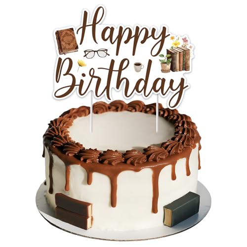 JOYMEMO Vintage Braune Buch Geburtstag Cake Topper, Storybook Happy Birthday Doppelseitiger Cake Pick Deko, Bibliothek Leseklub Dessert Tisch Deko Party Zubehör von JOYMEMO