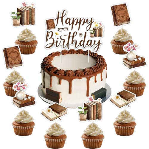 JOYMEMO Vintage Braune Buch Geburtstagskuchen Deko, Storybook Happy Birthday Doppelseitiger Cake Topper, Bibliothek Buch Thema Cupcake Picks, Leseklub Dessert Tisch Deko Party Zubehör von JOYMEMO