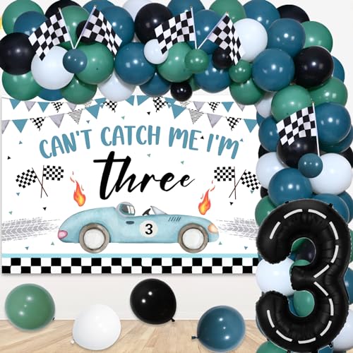 JOYMEMO Vintage Race Car 3rd Birthday Decorations Boys - Racing Car Balloons Arch Garland Kit with Can't Catch Me I'm Three Backdrop, Racetrack Number 3 Balloon, Checkered Flags for Three Fast von JOYMEMO