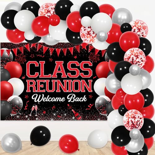 Klassentreffen Party Dekorationen – Rot und Schwarz Ballon Girlande Bogen Kit mit Welcome Back Class Reunion Hintergrund, High School Reunion Party Fotografie Hintergrund Supplies von JOYMEMO