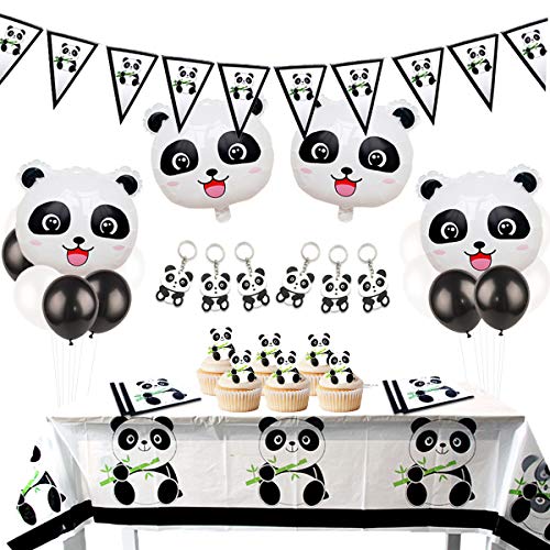 JOYMEMO Panda-Dekorationsset für Geburtstagsparty, mit Wimpel-Girlande, Panda-Schlüsselanhänger, Luftballons aus Mylar, für Mädchen, Babyparty von JOYMEMO
