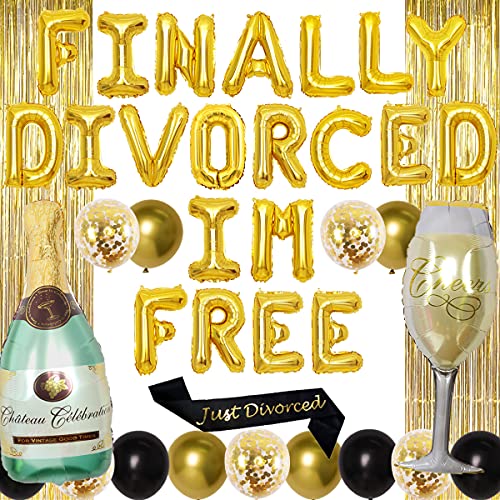 Party Dekorationen für Frauen Gold Endlich Divorced I'm Free Ballon Lametta Vorhänge Party Hintergrund Deko Just Divorced Schärpe für Scheidungsfeier von JOYMEMO