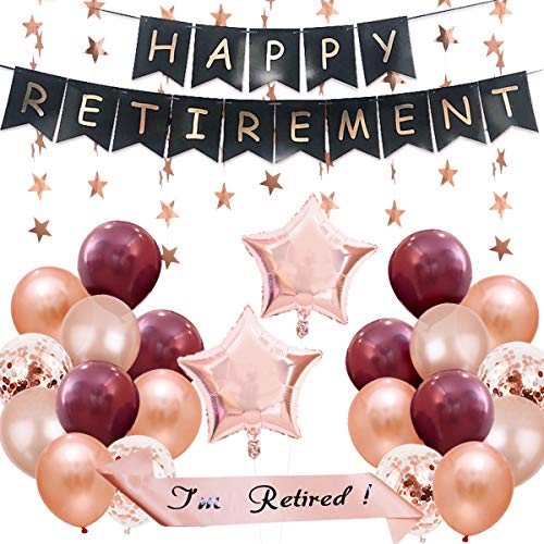 JOYMEMO Retirement Party Dekorationen für Frauen Rose Gold Happy Retirement Banner Schärpe Star Ballon Girlande für Retirement Party Supplies von JOYMEMO