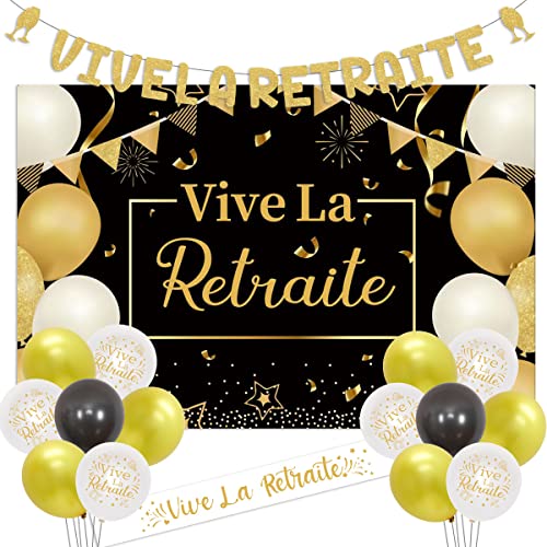 JOYMEMO Partydekorationen für den Ruhestand, Vive La Retraite Banner und Satin-Schärpe, schwarz-gold, Hintergrund für Männer und Frauen, Happy Retirement Supplies von JOYMEMO