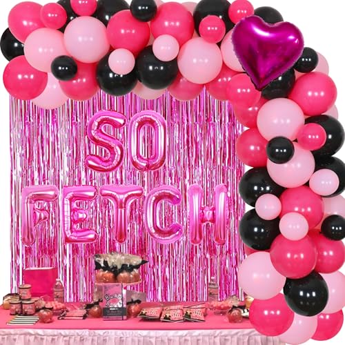 JOYMEMO So Fetch Mean Girls Party Dekorationen - Luftballons Girlande Arch Kit mit Hot Pink Lip Ballon, Herz Folienballon, Lametta Vorhang, Mean Girls Thema Geburtstag Bachelorette Party Supplies von JOYMEMO