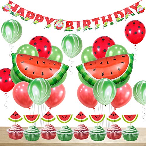 JOYMEMO Wassermelone Party Dekorationen Geburtstag für Mädchen Happy Birthday Banner Wassermelone Achat Polka Dot Ballons Cupcake Topper von JOYMEMO