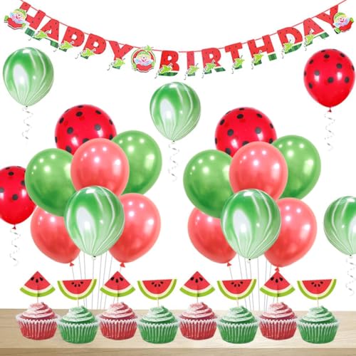 JOYMEMO Wassermelone Party Dekorationen Geburtstag für Mädchen Happy Birthday Banner Wassermelone Achat Polka Dot Ballons Cupcake Topper von JOYMEMO