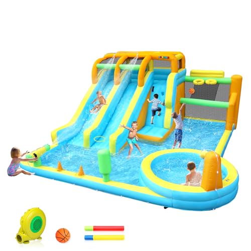 JOYMOR 11-in-1 aufblasbare Wasserrutsche mit 2 Wasserrutschen, 2 Basketballkörben, tiefem Pool, 1 Minute aufblasbarer Wasserrutsche für Kinder, inklusive Luftgebläse, Wasserstrahler, JOYMOR 11-in-1 aufblasbare Wasserrutsche mit 2 Wasserrutschen, 2 Basketballkörben, tiefem Pool, 1 Minute aufblasbarer Wasserrutsche für Kinder, inklusive Luftgebläse, Wasserstrahler, von JOYMOR