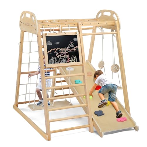 JOYMOR 8-in-1 Indoor-Dschungel-Fitnessstudio für Kinder und Kleinkinder mit Hängebrücke und Schaukel, Indoor-Spielplatz aus Holz mit Rutsche, Tafel, Leitern für Kleinkinderkletterer von JOYMOR