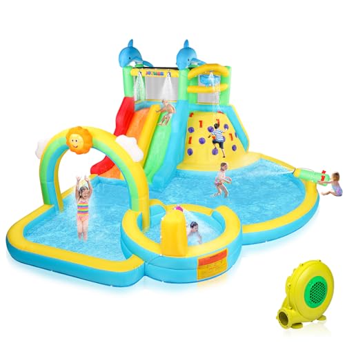 JOYMOR Aufblasbare Wasserrutsche mit Wassereimer, Kletterwand, Pool, Regenbogen-Sprinkler, 1 Minute aufblasbares Wasserrutschenhaus für Kinder mit starkem Gebläse, Tragetasche JOYMOR Aufblasbare Wasserrutsche mit Wassereimer, Kletterwand, Pool, Regenbogen-Sprinkler, 1 Minute aufblasbares Wasserrutschenhaus für Kinder mit starkem Gebläse, Tragetasche von JOYMOR