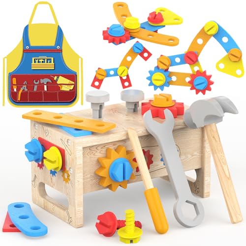 JOYSINTOY Holz-Werkzeugkoffer-Set für Kinder mit Schürze - Montessori Spielzeug ab 2 Jahren für Jungen, 42 Stück Rollenspiel mit Werkzeugkasten Motorik Lernspielzeug Geschenk für Mädchen ab 3 4 Jahre von JOYSINTOY