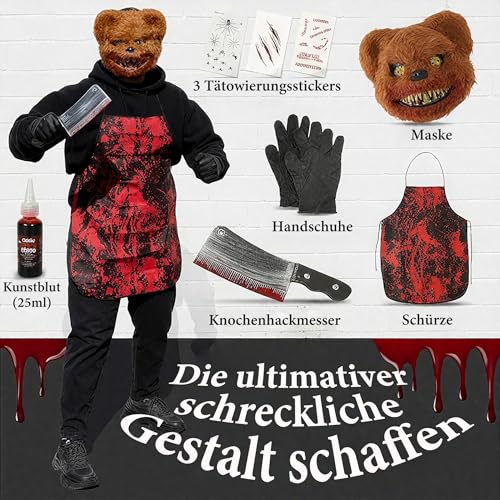 JOYTIX®Blutiges Plüschbär-Maske Set mit Metzgerschürze, PVC Hackmesser & Kunstblut Gel - 6-teiliges Gruselkostüm für Erwachsene, Escape Room Zubehör (Ohne Licht - Blutes Teddybär-Set) von JOYTIX