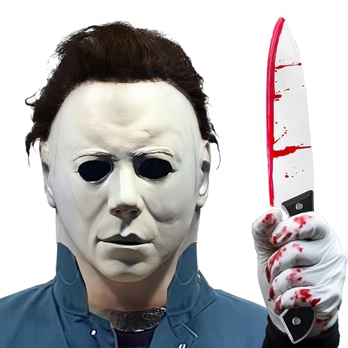 JOYTIX®Der Shape Michael Myers Maske + Schwarze Handschuhe & Blutiger Kunststoff Dolch - Horror 3-Teilig Set für Erwachsene (Universalgröße) - Halloween Grusel-Accessoires von JOYTIX
