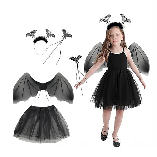 JOYTIX®Fledermaus-Kostüm-Set: 4-teilig (Tutu, Flügel, Zauberstab, Stirnband) | Halloween Mädchenkostüm 2025 (3-8 Jahre) - Gruseliges Kinderkostüm für Fasching & Trick or Treat (Schwarz) von JOYTIX