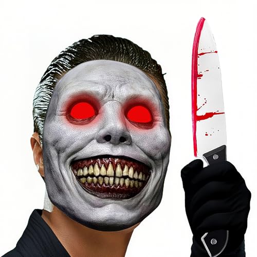 JOYTIX®LED Dämonenmaske mit Roten Leuchtaugen aus Naturlatex für Halloween & Kostümpartys | Lächelnde Horror Maske inkl. Schwarze Handschuhe & Blutiges Messer von JOYTIX