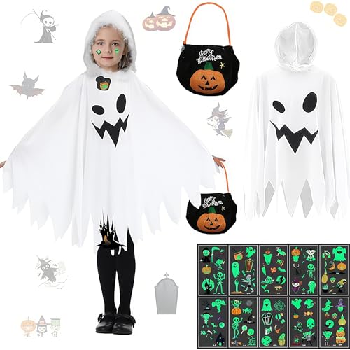 JOYTIX®geister cape kinder: Nachleuchtendes Geisterkostüm, Kürbis-Süßigkeitentasche & 10 Glow-in-the-Dark-Sticker | Halloween Kostüm für Jungen und Mädchen (L (empfohlene Körpergröße 140-160 cm)) von JOYTIX