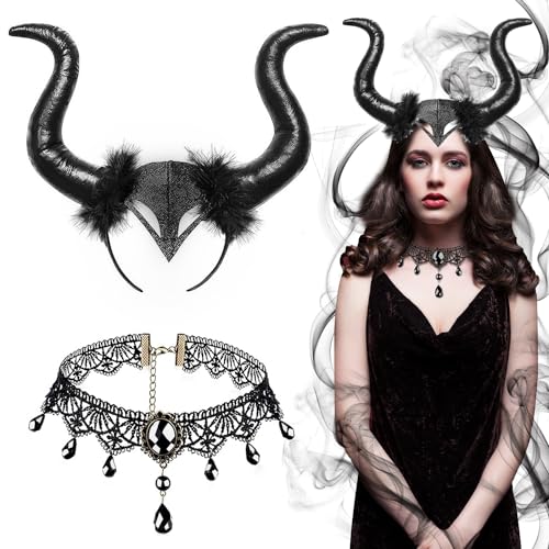 JOYUE 2 Stücke Königin Hörner Teufel Kopfschmuck & Gothic Halskette Spitze Halloween Böse Haarreif Schwarz Kopfschmuck Horn Maleficent Kostüm Damen für Karneval Maskerade Halloween Cosplay Party JOYUE 2 Stücke Königin Hörner Teufel Kopfschmuck & Gothic Halskette Spitze Halloween Böse Haarreif Schwarz Kopfschmuck Horn Maleficent Kostüm Damen für Karneval Maskerade Halloween Cosplay Party von JOYUE
