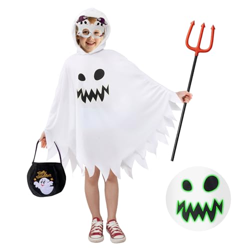 JOYUE Halloween Geister Weiß Umhang Geisterkostüm Kinder, Gespenster Umhang Geist Kinder, Halloween Ghost Cape mit Lustige Handtasche Teufelsgabel und Gläser für Karneval Cosplay Party (7-9 Jahre) JOYUE Halloween Geister Weiß Umhang Geisterkostüm Kinder, Gespenster Umhang Geist Kinder, Halloween Ghost Cape mit Lustige Handtasche Teufelsgabel und Gläser für Karneval Cosplay Party (7-9 Jahre) von JOYUE
