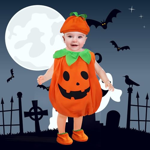 JOYUE Halloween Kostüm Kürbis Kinder, Kürbis Cosplay Kostüm mit Hut und Socke, Kürbiskostüm Pumpkin Kostüm Kinder für Junge Mädchen Fasching Party Geschenk, Geeignet für 2-6 Jahre (110) von JOYUE