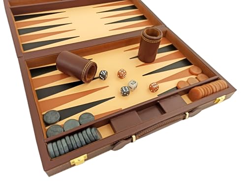 Italfama, luxuriöses kompaktes Backgammon-Set aus Kunstleder, für 2 Spieler, ab 14 Jahren, hergestellt in Italfama, 37,5 x 24,5 cm, Braun von JP GAMES LTD