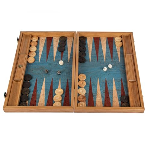 Luxus Manopoulos Backgammon-Set aus natürlichem Türkis, Olivenholz-Checkers – Premium-Set, handgefertigt in Griechenland von Experten (30 x 17 cm geschlossen) von JP GAMES LTD
