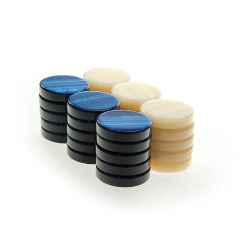 Luxus Manopoulos Perlmutt Backgammon-Steine – Set mit 30 blauen und elfenbeinfarbenen weißen – Premium-Set handgefertigt in Griechenland von Experten, 36 mm – Erwachsene, ab 14 Jahren von JP GAMES LTD