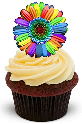 JPS Regenbogen Blume – 12 essbare Kuchendekoration – Rainbow Flower – Standups 12 Edible Standup Premium Wafer Cake Toppers von JPS