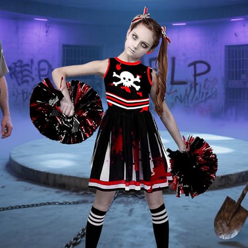 JPSDOWS Cheerleader-Kostüm für Mädchen – blutiges Kleid für Halloween, Makabro-Kostüm für Mädchen, Mottoparty, Halloween, Shows, Geburtstage, Spukhaus von JPSDOWS