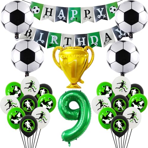Fussball deko geburtstag kinder，9 Junge Geburtstagsdeko fussball，25 Stück fußball party Lieferungen，Enthäl banner，Trophäenballon，Fußball-Folienballon，Zahl Folienballon，Luftballon fussball von JPWPFAA